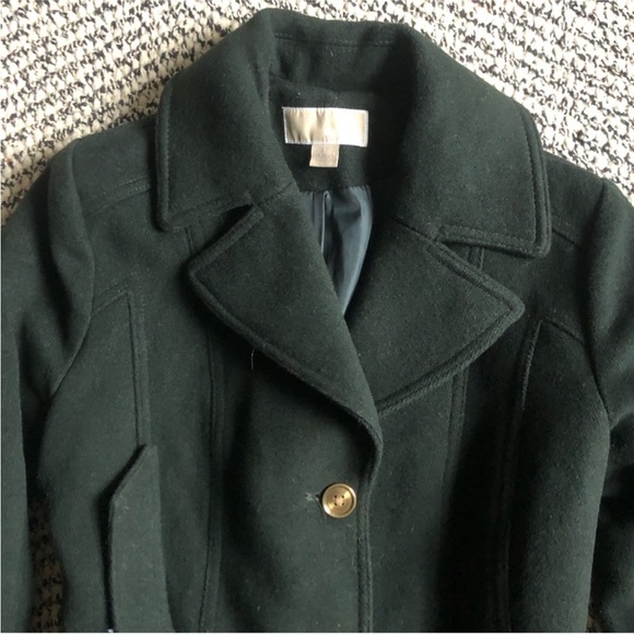 Michael Kors Wool Coat Tie-Waist, Dark Green, Gold Accents large.  Warm, elegant - Picture 3 of 6